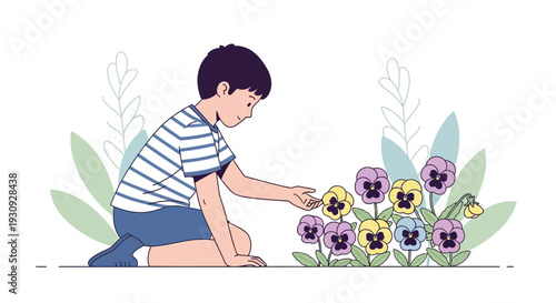 Young Boy Interacting With Vibrant Pansy Flowers In A Garden Setting