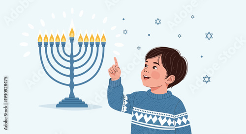 Young Boy Marvels at Menorah Lights During Celebratory Holiday of Hanukkah