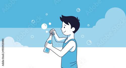 Young Boy Opens Fizzy Drink Bottle Outdoors With Bubbles Floating