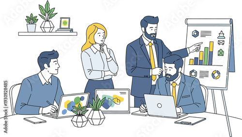 Creative team collaborates effectively, analyzing business data.