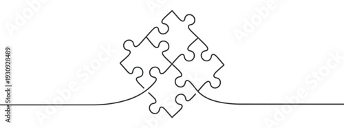 Jigsaw puzzle pieces connected by a continuous line symbolizing concepts of problem-solving, collaboration, and integration.