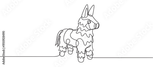 Continuous line drawing of a festive piñata donkey, a traditional party decoration for celebrations and fun events.