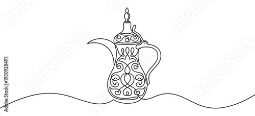 Dallah Arabic coffee pot continuous line drawing illustrates an elegant minimalist design for cultural beverage serving.