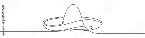 Continuous line drawing sombrero, a traditional Mexican hat, symbolizing culture, celebration, and festive events with artistic simplicity.