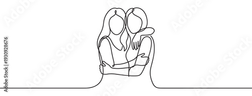 Two women embracing each other with affection and support, depicted in a beautiful minimalist continuous line art drawing style.