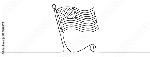 American flag waving in a minimalist continuous single line art style drawing, representing patriotism and national pride.