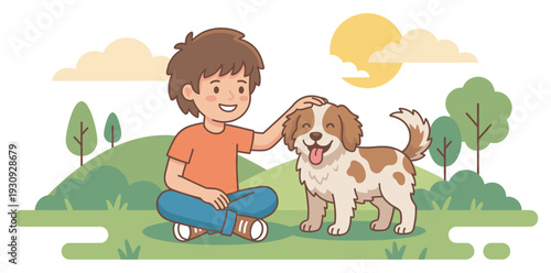 Happy boy petting his adorable dog in a sunny outdoor park, illustrating friendship and companionship between pets and children.