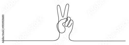 Hand making a peace sign gesture with two fingers raised, symbolizing peace, victory, or friendship in a minimalist continuous line art style.