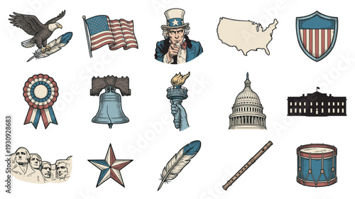 Classic American patriotic symbols and historical elements set in a vintage hand-drawn illustration style, representing national pride and heritage.