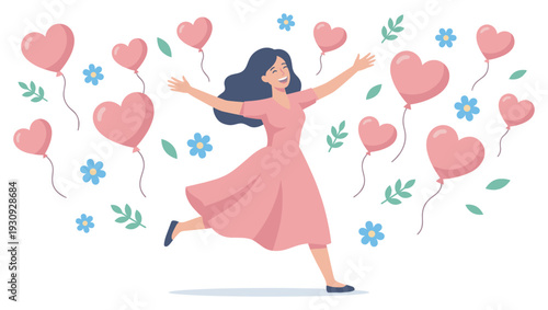 Happy young woman running with arms outstretched, joyfully celebrating love and happiness amidst floating heart balloons and delicate flowers.
