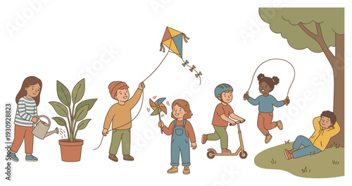 Children playing outdoors together, enjoying various activities like watering plants, flying kites, riding scooters, and jumping rope under a tree.