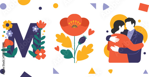 Romantic Love Illustration Vector Set Featuring Floral Letter M Heart Typography and Couple Embracing Valentine Design