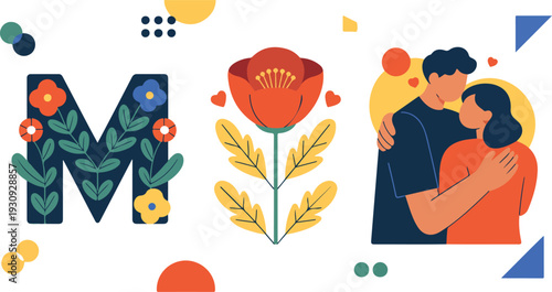 Romantic Love Illustration Vector Set Featuring Floral Letter M Heart Typography and Couple Embracing Valentine Design