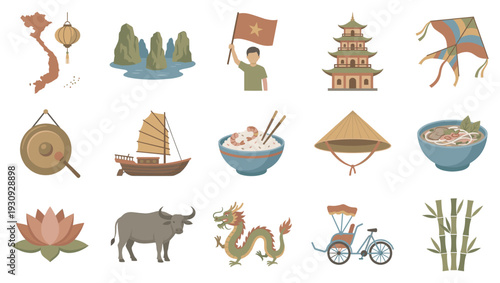 Vietnamese culture icons and symbols collection in flat design style representing traditional elements and popular tourist attractions of the country.