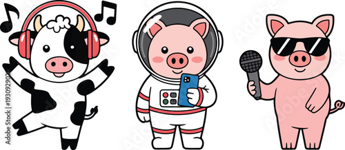Cute Cartoon Farm Animals as Musicians with Astronaut Pig Colorful Flat Vector Illustration Set