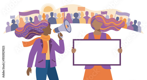 Diverse women activists hold protest signs and megaphones while advocating for change and social justice in a vibrant community demonstration.