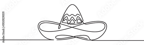 Traditional Mexican sombrero is depicted in a minimalist continuous line art style, perfect for cultural themes and vibrant festive designs.