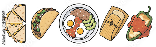Delicious traditional Mexican food dishes are beautifully illustrated, featuring a variety of popular meals and snacks like tacos, quesadillas, and tamales.