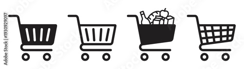 Collection of shopping cart icons in black and white representing different styles and contents
