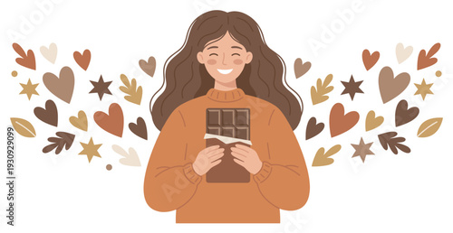 Smiling woman holds a delicious chocolate bar, surrounded by warm hearts and stars, symbolizing joy and sweet indulgence.