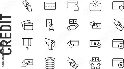 Credit and payment icons set vector illustration with simple lines and geometric shapes