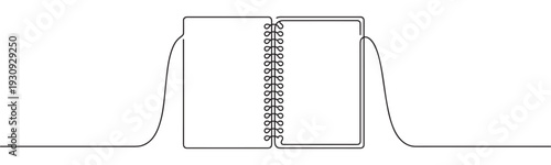 Open spiral notebook drawn with a continuous line art style, perfect for illustrating concepts of learning, writing, and creativity.