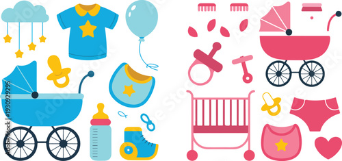 Baby Boy and Girl Essentials Vector Illustration Set with Stroller Clothes Toys Bottles and Nursery Accessories