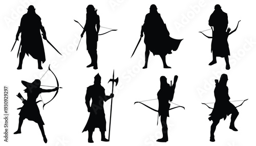 Fantasy warriors with bows and axes, silhouettes on white background