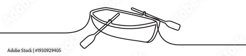 Continuous line drawing of a minimalist rowboat with oars gently floating on a calm body of water, symbolizing tranquility and journey.