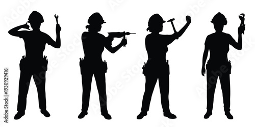 Diverse female construction workers in silhouette, holding tools and wearing hard hats