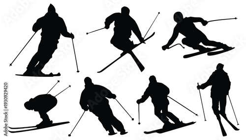 Dynamic silhouettes of skiers in action on snow covered slopes