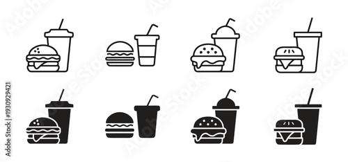 Fast food meal icons collection featuring burgers and soft drinks