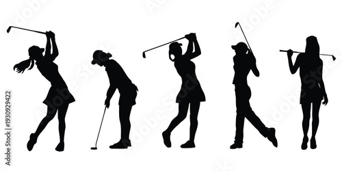 Female golfer silhouettes in action swinging golf clubs on white background