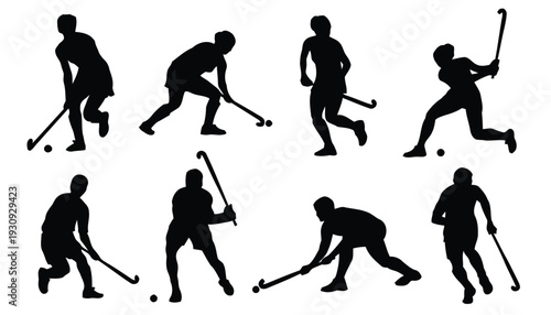 Dynamic silhouettes of field hockey players in action on the field