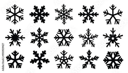 Fifteen unique black snowflake icons for winter and holiday designs