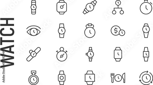 Diverse set of watch and time-related icons in modern linear outline style