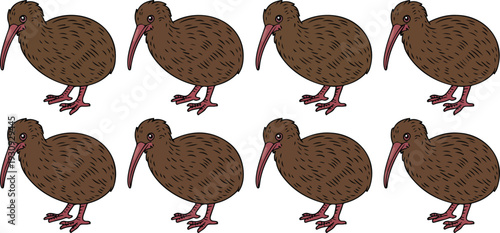 Kiwi Bird Character Vector Set Featuring New Zealand Flightless Wildlife Animal in Different Poses Cute Flat Cartoon Style