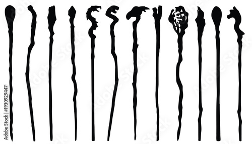 Collection of unique artistic cane and walking stick silhouettes, ornate handles, creative design elements