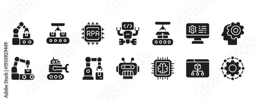 Filled icons of robotics and artificial intelligence, automation technology symbols
