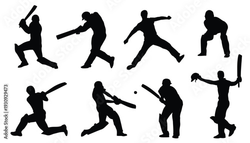 Eight black silhouette cricket players in action poses