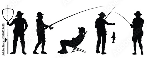 fishermen with fishing rods and nets, one man relaxing in chair, catching fish, hobby