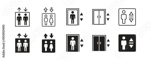 Elevator door icons with people and arrows outline and filled vector illustrations