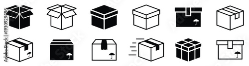 Collection of various box icons representing shipping and packaging vector set