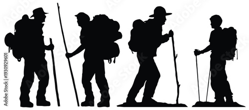 Collection of various hikers and trekkers silhouettes with equipment