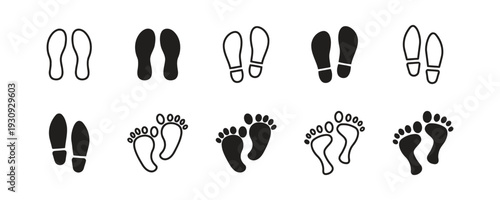 Footprints icons set human footsteps shoe prints and bare feet walking symbols