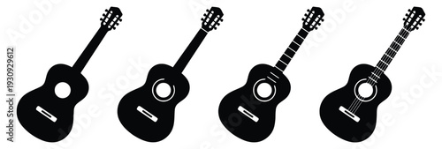 Four black silhouette guitar icons of acoustic guitars in different styles vector illustration