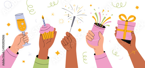Diverse hands holding party items with champagne cupcake sparkler confetti and gift box line art illustration