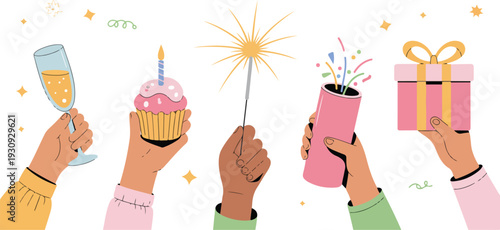 Diverse hands holding party items with champagne cupcake sparkler confetti and gift box line art illustration