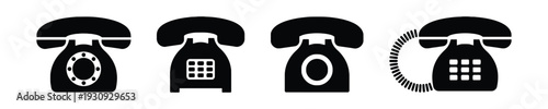 Four vintage rotary telephone icons in black, showing different angles and details