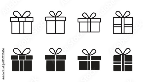 Gift box icons with bows, outline and filled versions for celebration